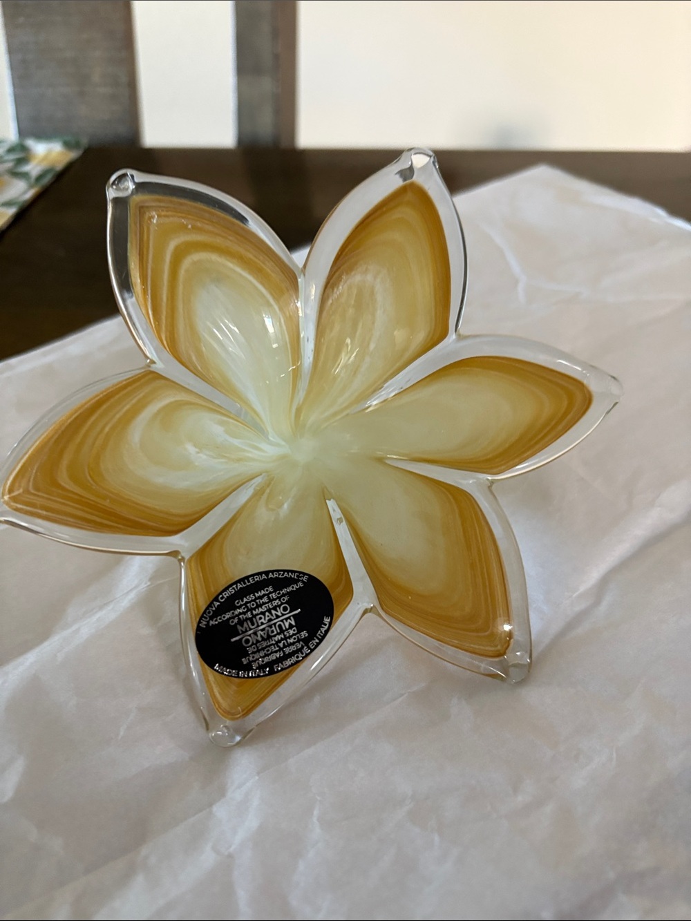 - Italian Murano Art Glass yellow shades  & white 6 pedals Handmade